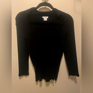 Black ribbed long sleeve sweater beaded accent